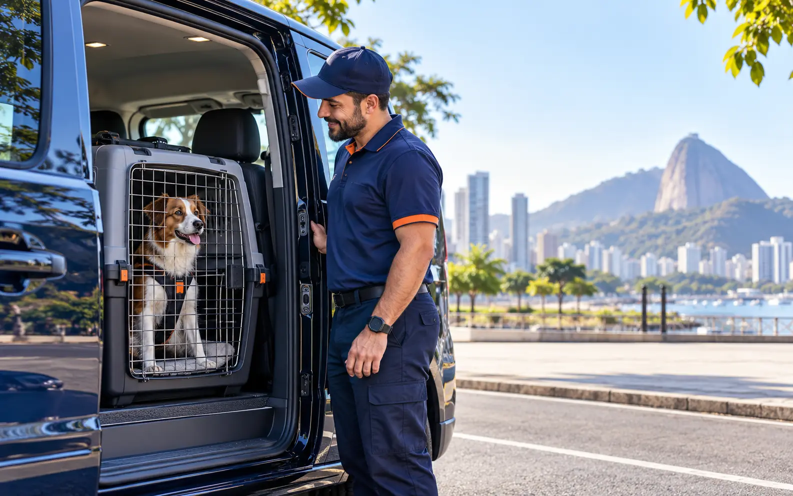 Cão transportado em caixa apropriada dentro de veículo