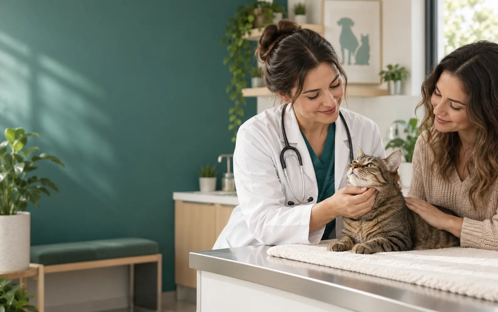 Médica-veterinária examinando um gato acompanhado de sua tutora